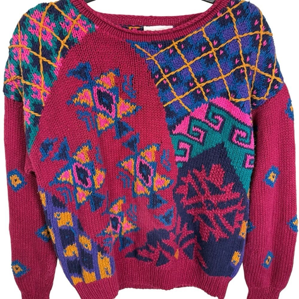 Vtg Vibrant Multicolor Grandmacore Hand knit Sweater by Weathervane Size Medium